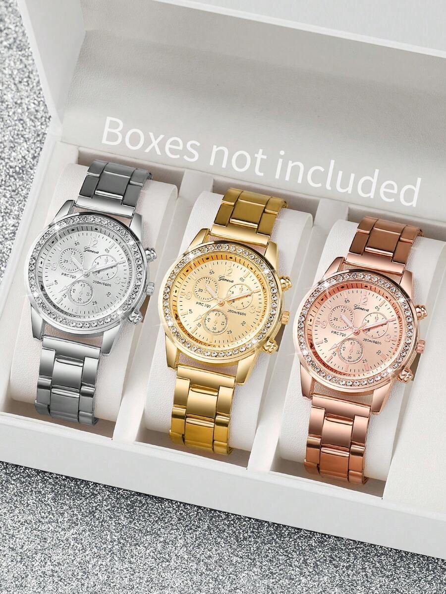 腕時計 レディース セット 3個セット レディースファッション ラインストーン装飾クォーツ腕時計 ステンレスバンド 数字ダイヤル拍卖