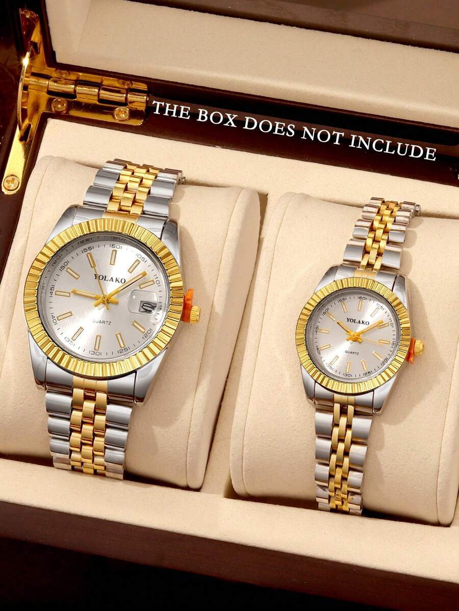 腕時計 ペアウォッチ ファッショナブルなビジネスジェントルマン用の多用途ラウンドフェイス スチールストリップクォーツ腕時計2個セッ拍卖