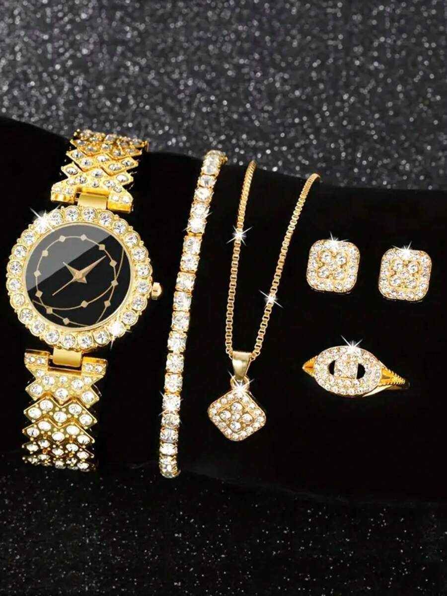 腕時計 レディース セット 女性用 5点セット ゴールド クォーツ 腕時計、ネックレス、ピアス、リング、ジュエリーセット、イブニン拍卖