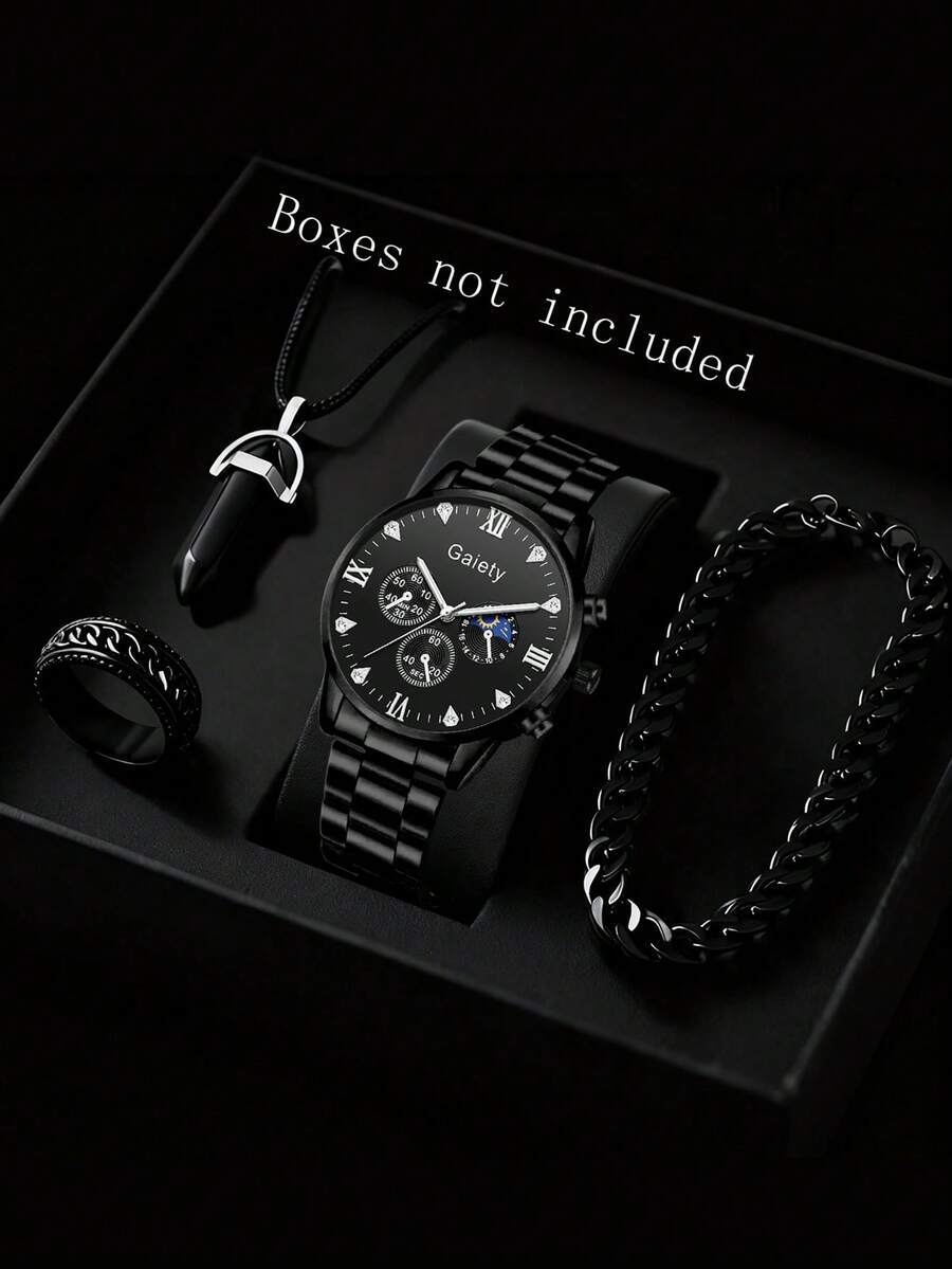 腕時計 メンズ セット メンズ ブラックストラップ カジュアルビジネス ライトラグジュアリー ラインストーンダイヤル クォーツ腕時拍卖