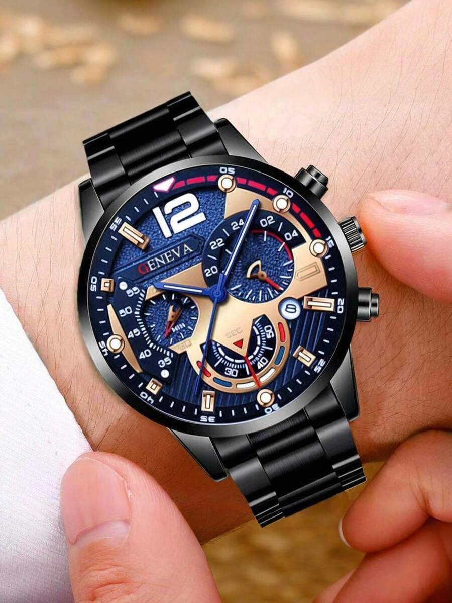 腕時計 メンズ クォーツ 1個セット ジェネバ メンズ クリエイティブ 6ピン ウォッチ 合金鋼ストラップ クォーツ腕時計 メンズ拍卖
