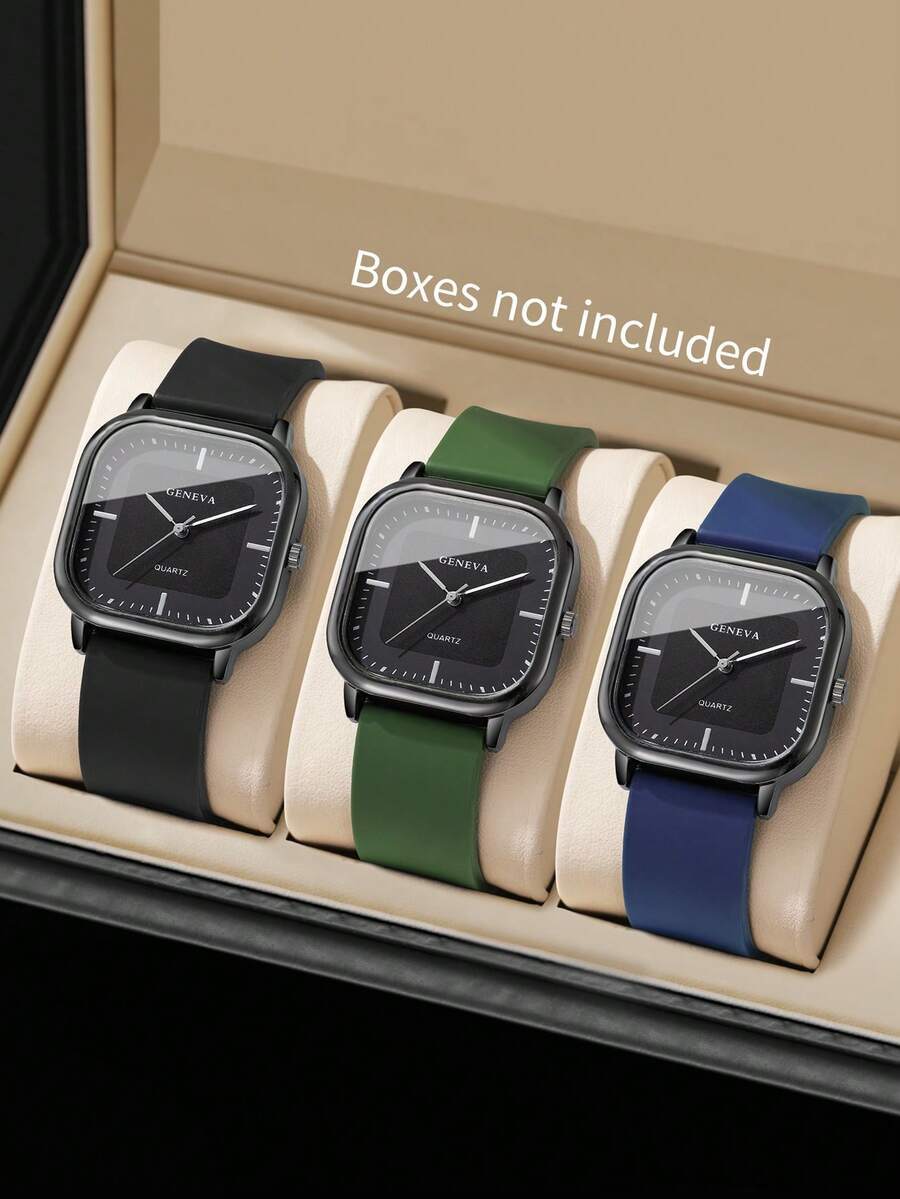 腕時計 メンズ セット メンズ シリコンベルト ファッショナブル スクエア ミニマリスト ダイヤル クォーツ 腕時計 3点セット拍卖