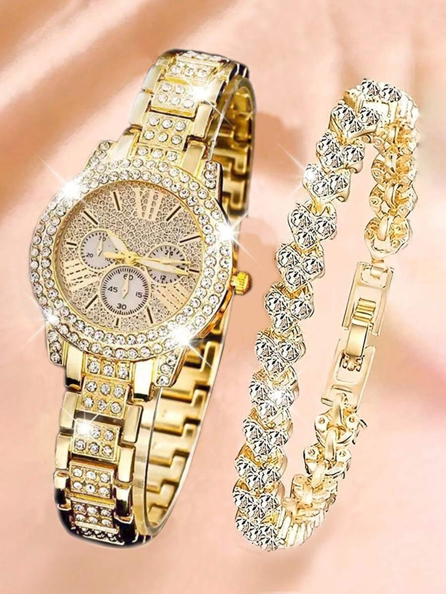 腕時計 レディース セット 1個/1セット、レディース腕時計、ファッショナブルでラグジュアリーなダイヤモンド インレイ 円形デジタ拍卖