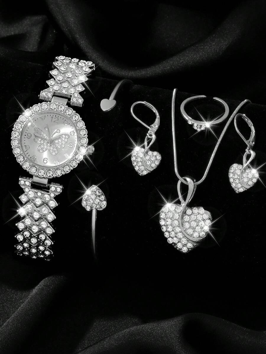 腕時計 レディース セット 女性用ファッションウォッチ 5個セット、多用途 輝くスクエアダイヤモンドフェイス クォーツ腕時計、豪華拍卖