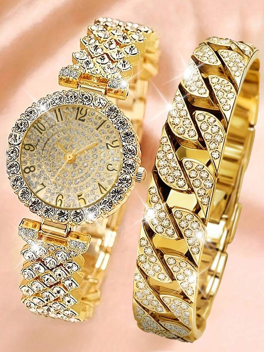 腕時計 レディース セット 2個セット エレガントなラインストーンウォッチ、ファッショナブルで シンプルで贅沢なレディース クォー拍卖