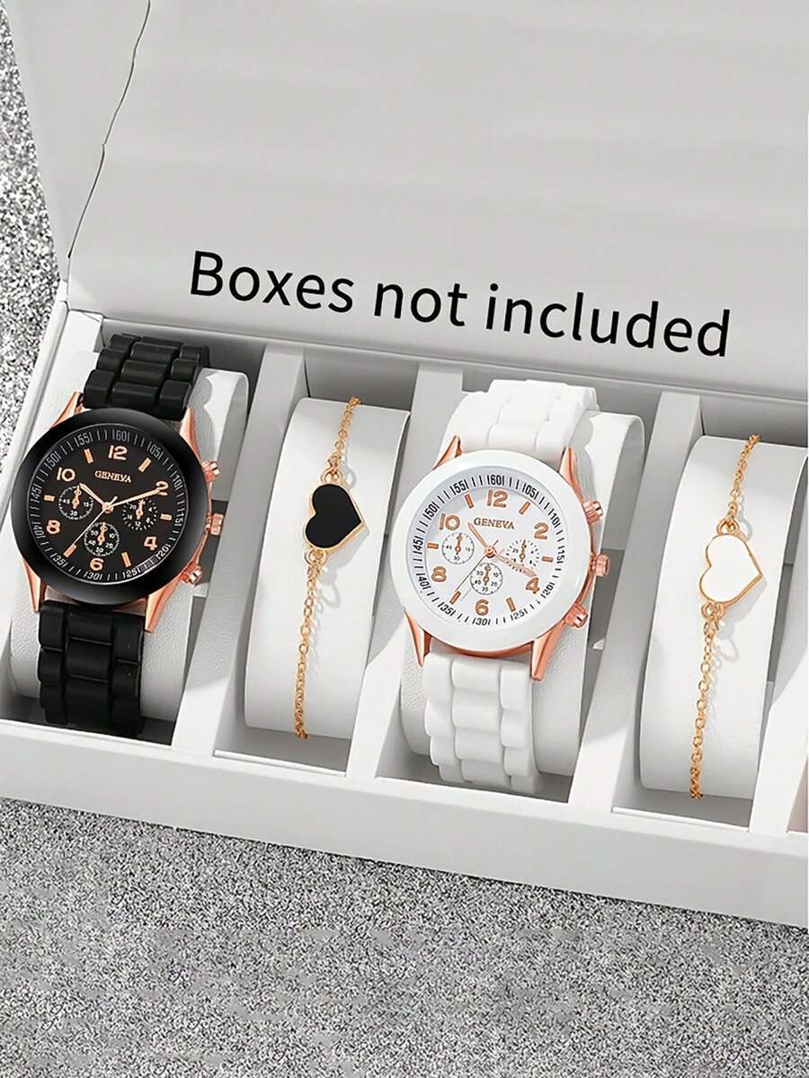 腕時計 レディース セット 韓国ファッション レディース ウォッチセット 4個入り、ジュネーブシリコンウォッチ、ハート型ブレスレッ拍卖