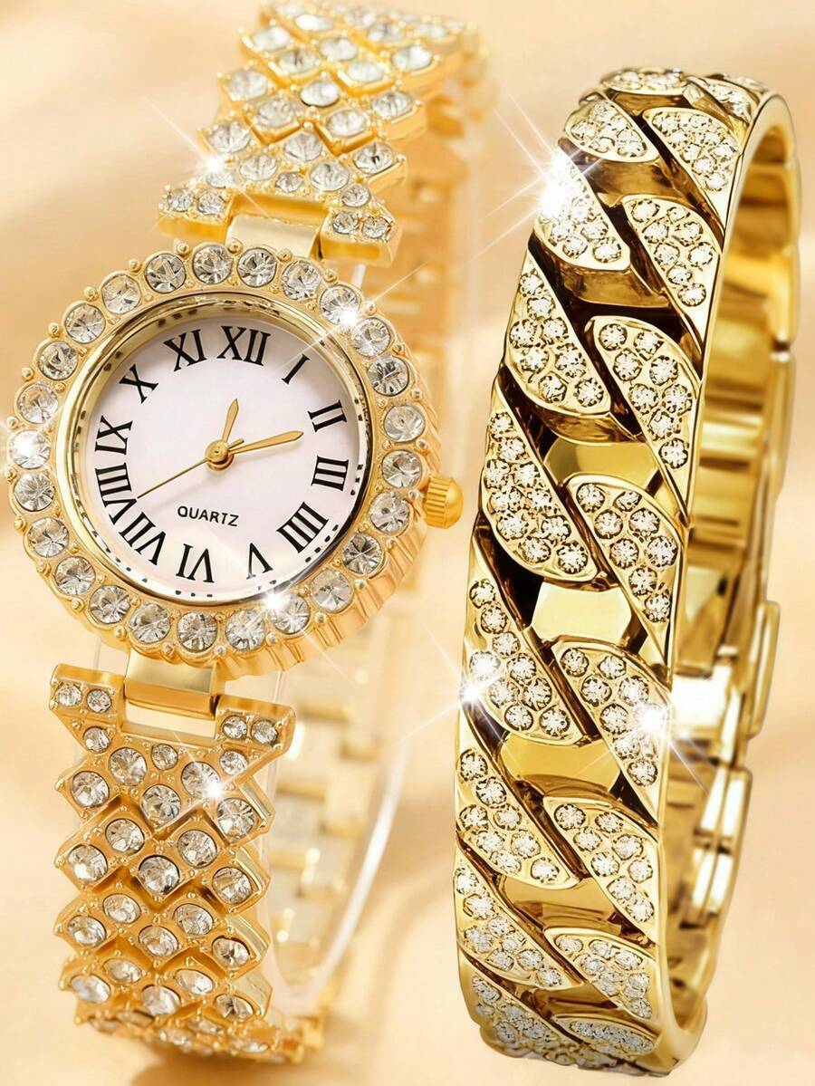 腕時計 レディース セット 2個セット エレガントなラインストーンウォッチ、ファッショナブルで シンプルで贅沢な全面ラインストーン拍卖