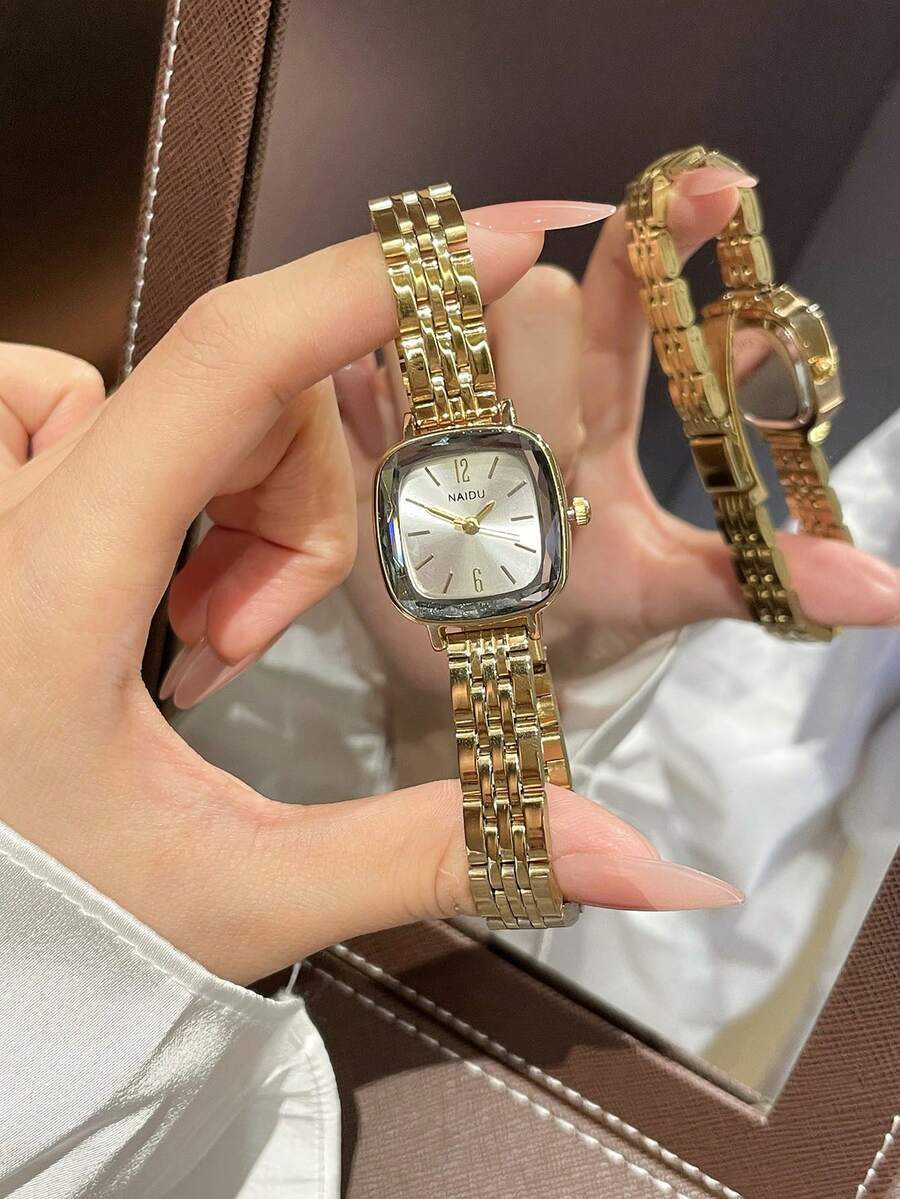 腕時計 レディース クォーツ 1個 ゴールド/シルバー スクエアデザイン ステンレススチールバンド レトロエレガントな腕時計 レデ拍卖