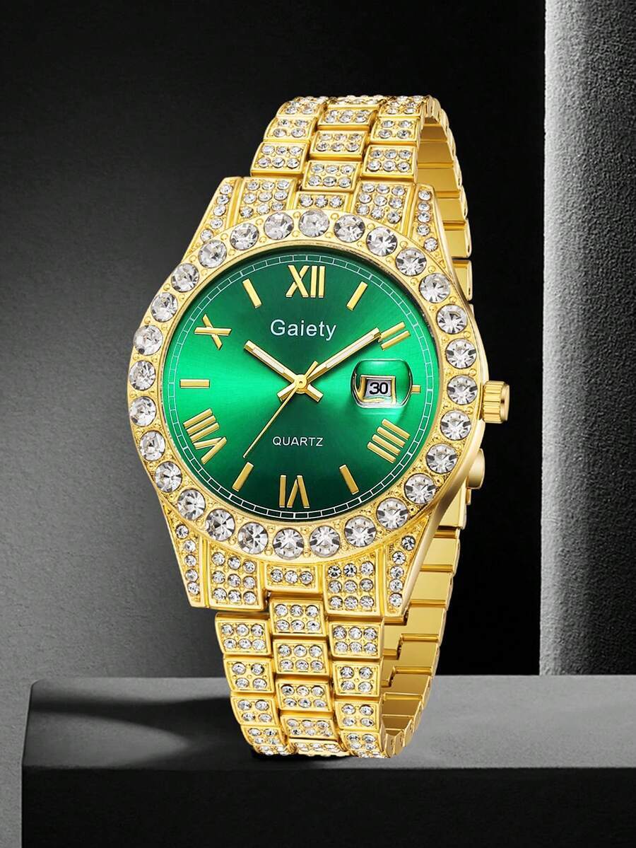 腕時計 メンズ クォーツ 1個 メンズ ゴールドストラップ ファッショナブルカジュアル ゴージャス ラインストーン ローマ数字 カ拍卖