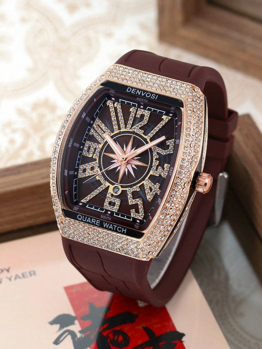 腕時計 メンズ クォーツ 1個 メンズ高級星空デザイン バレル型 シリコンストラップ付き腕時計拍卖