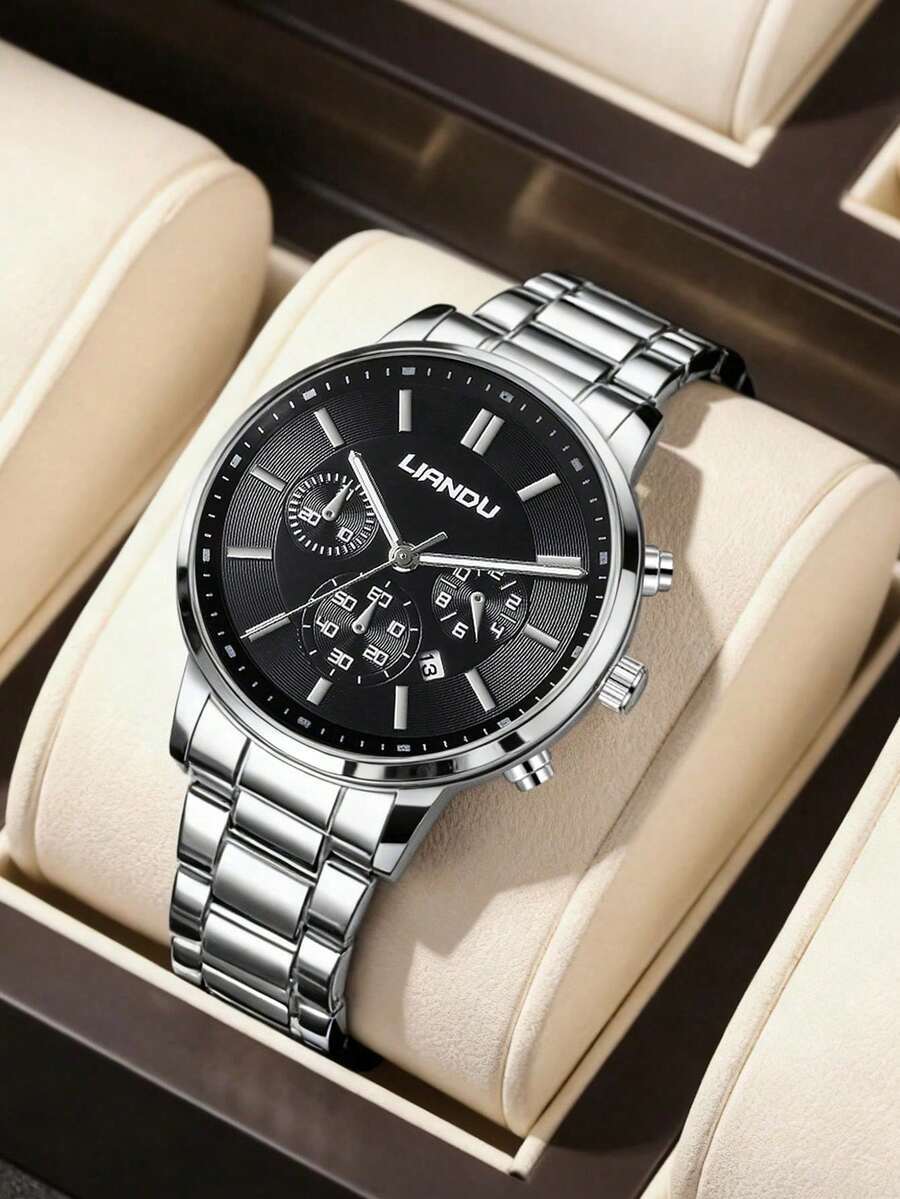 腕時計 メンズ クォーツ 高級ビジネスメンズ腕時計、カレンダー機能付き、ステンレススチールブレスレット、夜光針、ギフトボックス付き拍卖