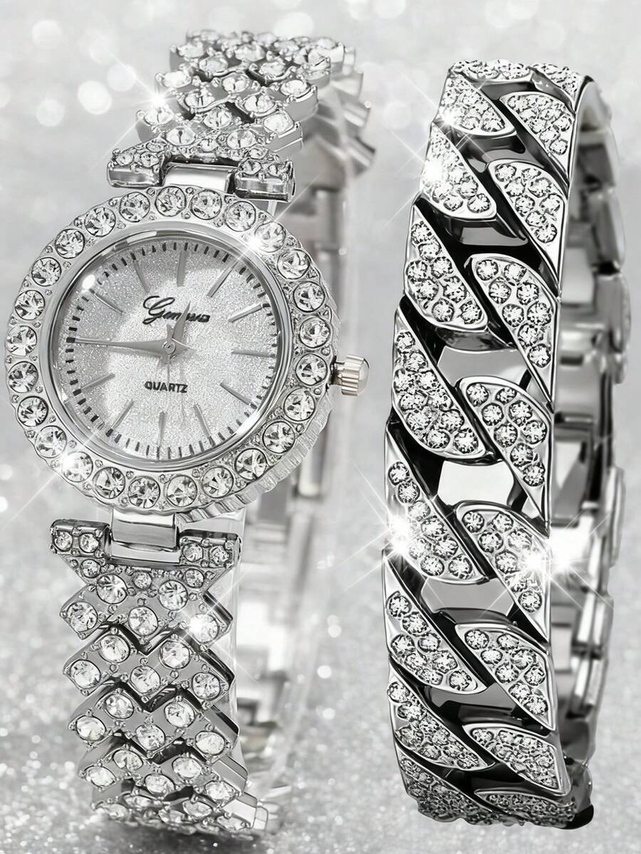 腕時計 レディース セット 2個セット エレガントなラインストーン腕時計は、ファッショナブルで シンプルで贅沢な全面ラインストーン拍卖