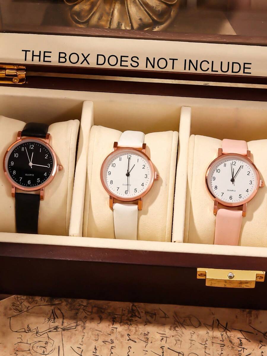 腕時計 レディース セット 女性用ミニマリストウォッチセット3個入り、クラシックなラウンドダイヤルにブラック、ホワイト、ピンクのレ拍卖