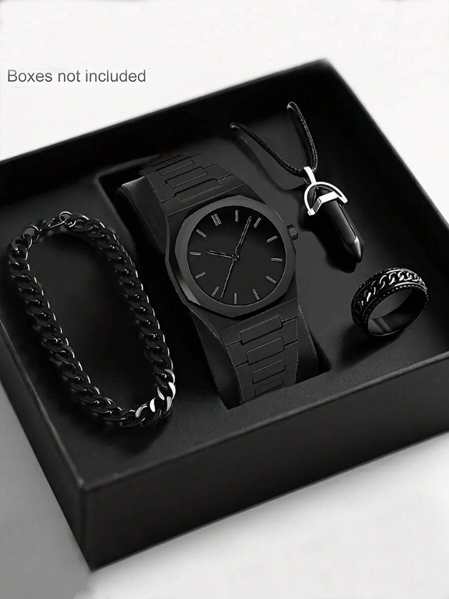 腕時計 メンズ セット ファッショナブルで多用途な丸型ダイヤル メンズクォーツ腕時計 4点セット、チェーンブレスレット、ペンダント拍卖