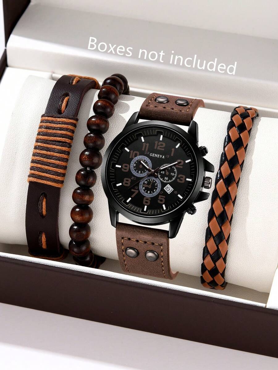 腕時計 メンズ セット メンズ腕時計 4個セット、ブラックケース、ブラウンデジタルスケール、ビジネス、レジャー、スポーツ、カレンダ拍卖