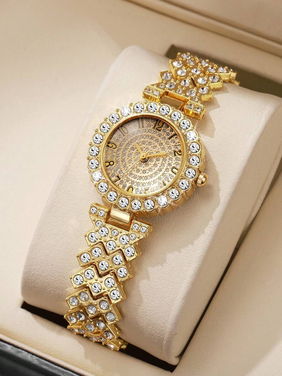 腕時計 レディース クォーツ 1個 レディースファッション ラインストーン装飾文字盤クォーツ腕時計 スチールバンド、エレガントでス拍卖