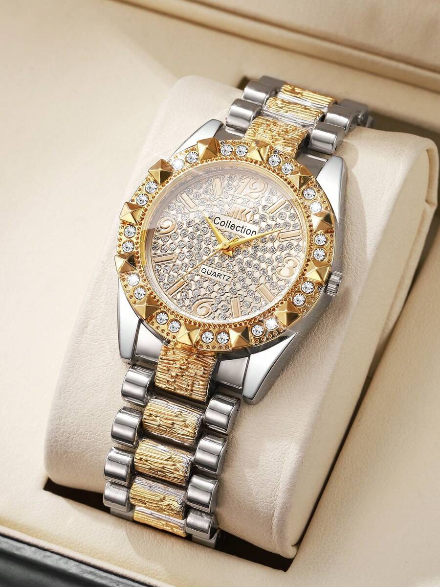 腕時計 レディース クォーツ 1個 レディースファッション ダイヤモンド装飾ダイヤル ステンレスバンド クォーツ腕時計、カジュアル拍卖