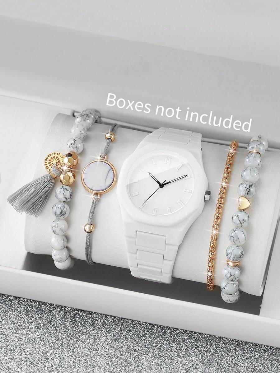腕時計 レディース セット 女性用ミニマリストファッション クォーツ腕時計1個 + タッセル ビーズブレスレット5個セット、時計の拍卖