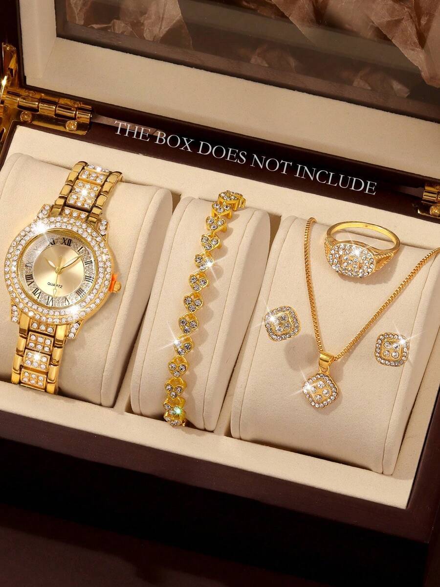 腕時計 レディース セット 6個セット 女性用クォーツ腕時計 ブレスレット ネックレス リング ピアスジュエリーセット、丸型ダイヤ拍卖