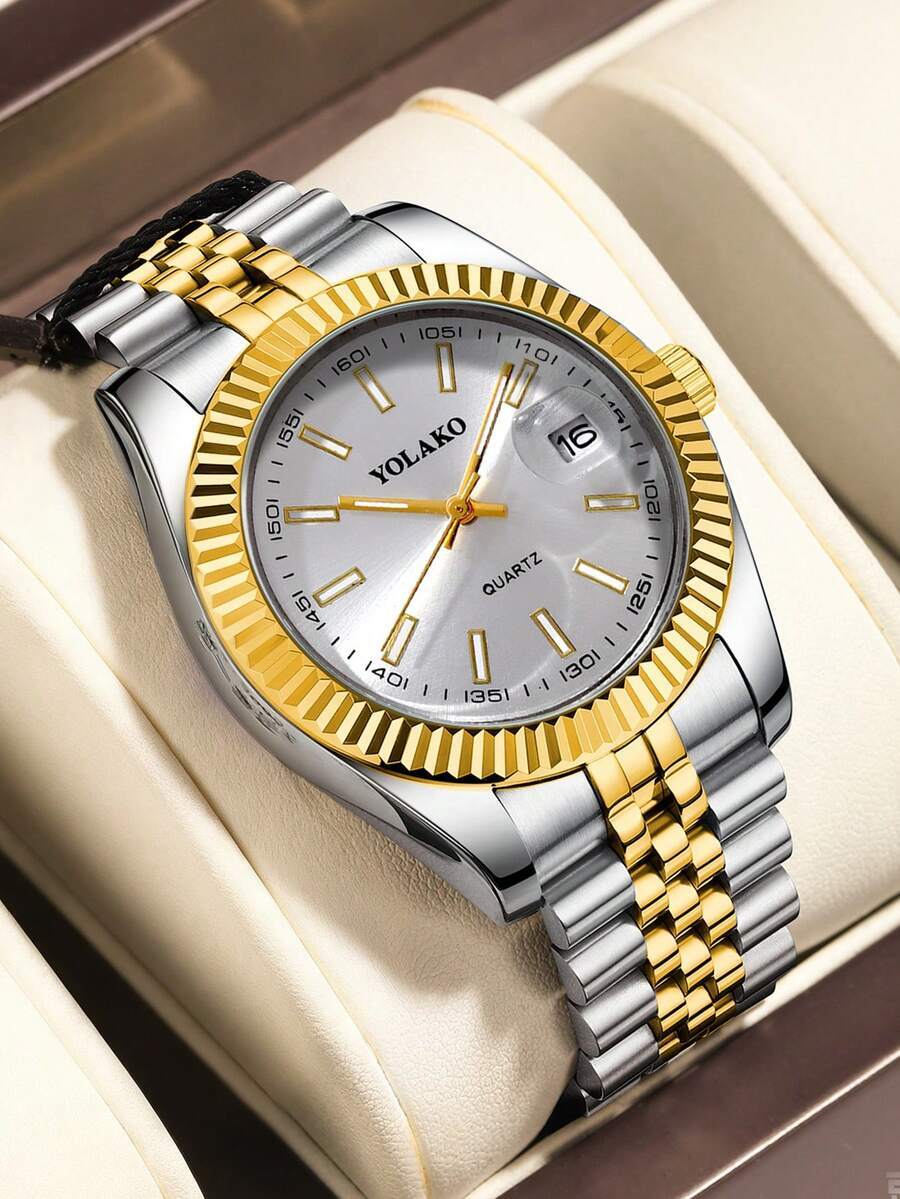 腕時計 メンズ クォーツ 1個 ファッションビジネスカジュアル メンズ腕時計、マルチファンクション ラウンド大型ダイヤル合金鋼バン拍卖