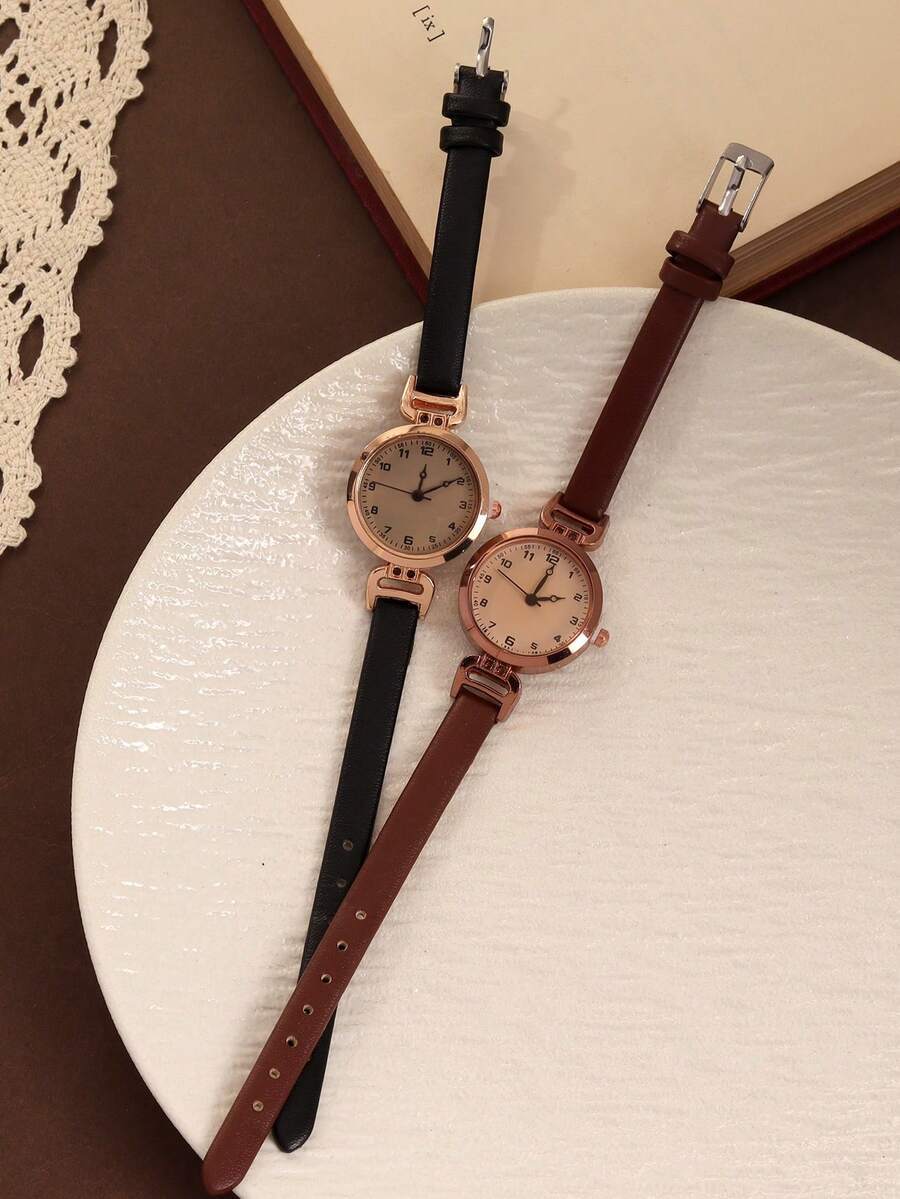 腕時計 レディース セット レトロカジュアル エレガントな女性用ベルトウォッチ 2個セット、洗練されたラウンドダイヤル、デイリーウ拍卖