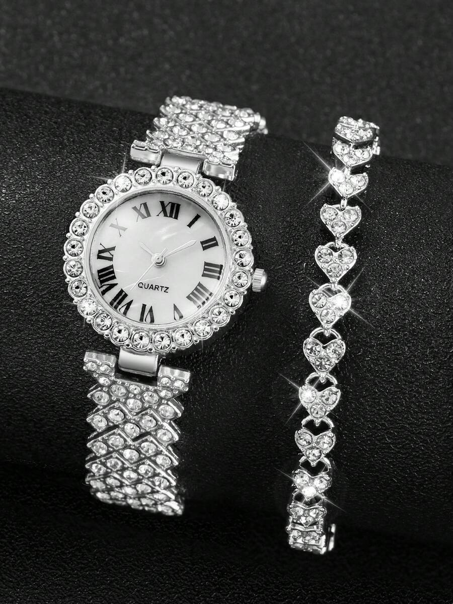 腕時計 レディース セット 2個セット レディース ギフト ウォッチ、ステンレスバンド、ファッションカジュアル フルダイヤモンド拍卖