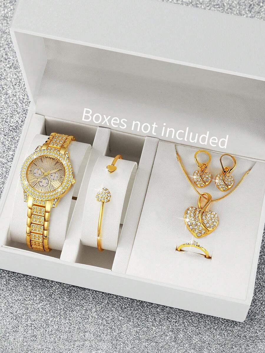 腕時計 レディース セット 女性用ギフトウォッチ 6個セット、ステンレスバンド、ファッションラインストーン装飾 3眼ローマ数字ダイ拍卖