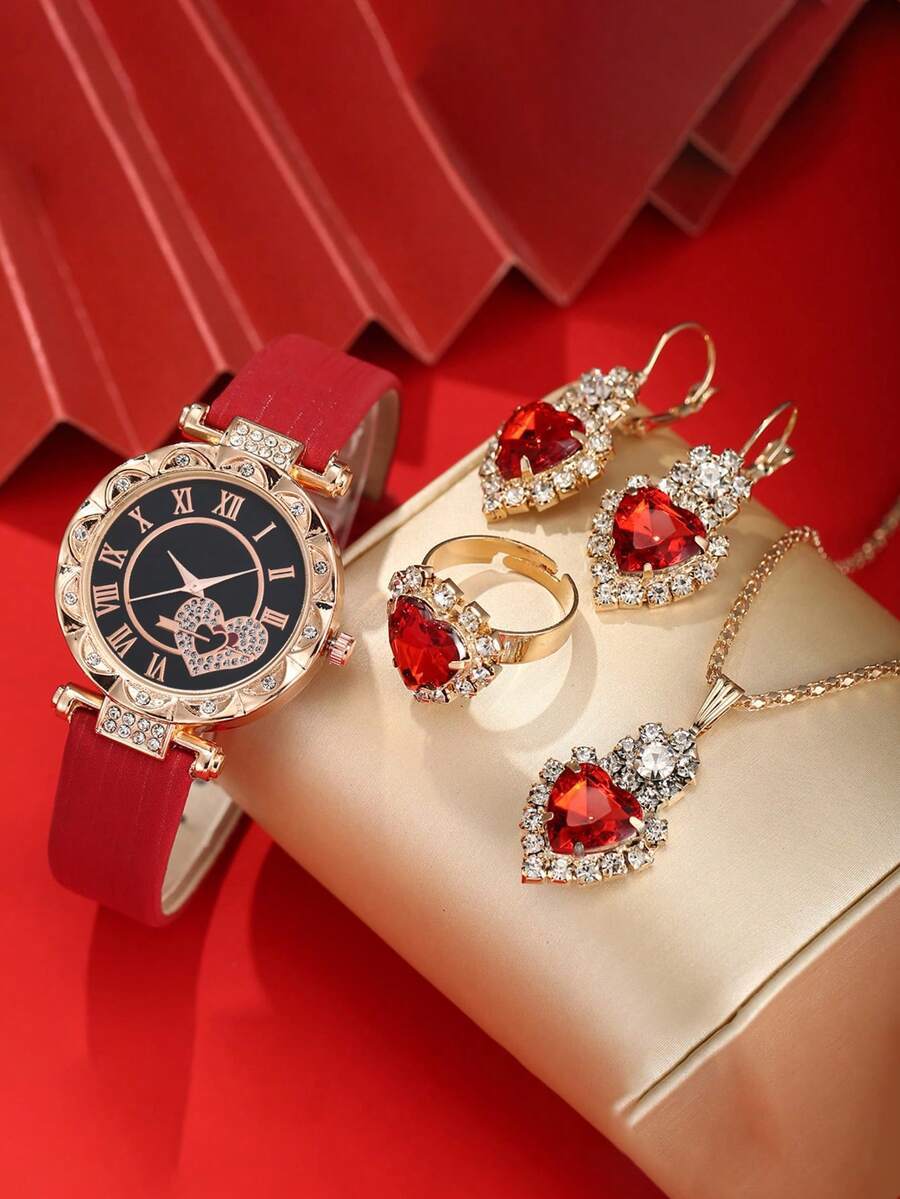 腕時計 レディース セット レディース腕時計 5点セット ファッション ピンクハート文字盤 クォーツ ウォッチ フロスト調ストラッ拍卖