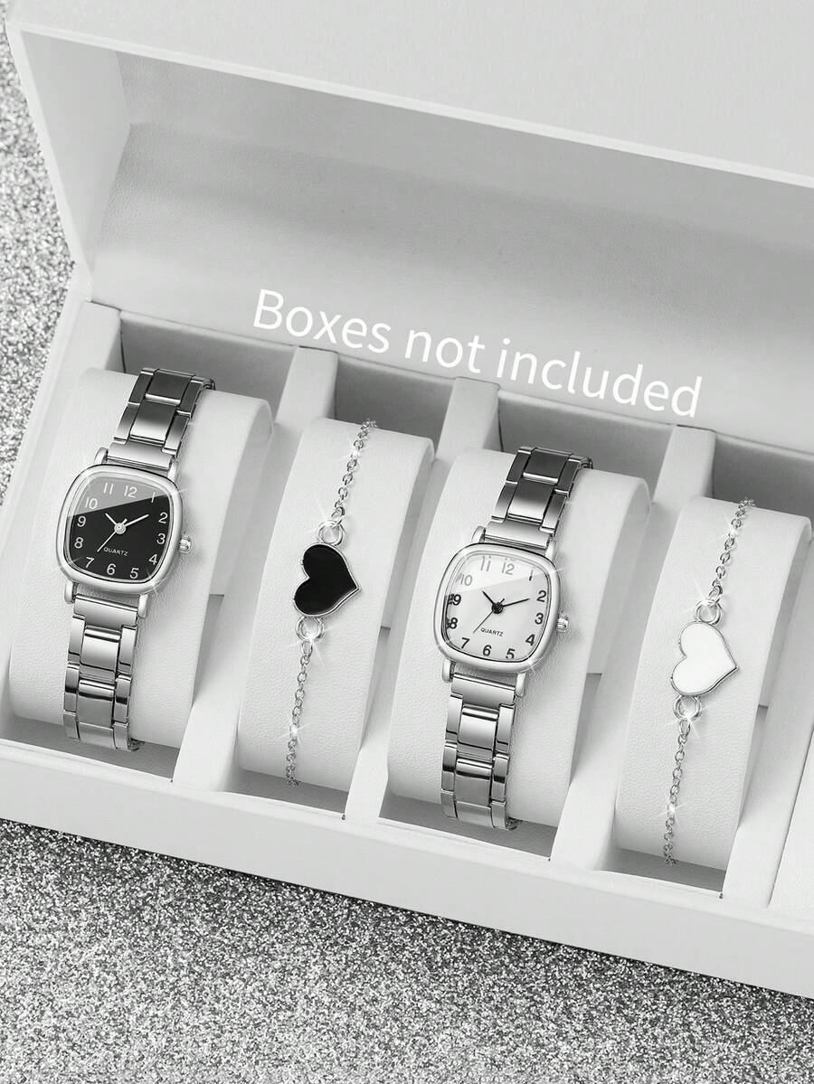 腕時計 レディース セット 女性用エレガントクォーツ腕時計4点セット、ミニマルスクエアダイヤル&数字表示、スタイリッシュなハートブ拍卖