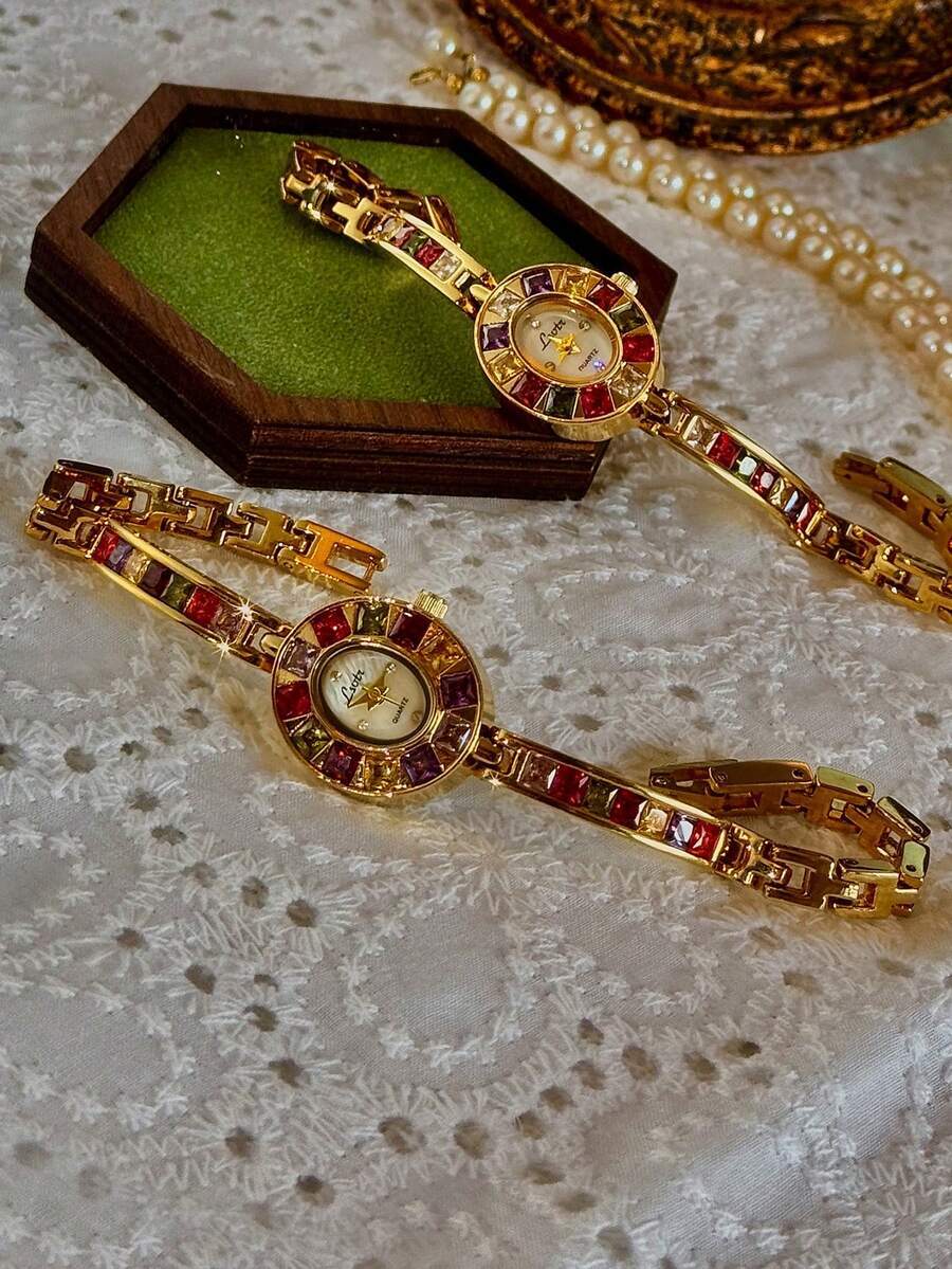 腕時計 レディース クォーツ 1個 新作 フレンチ高級 カラージェムストーン ラインストーン インレイ レディース腕時計。洗練され拍卖