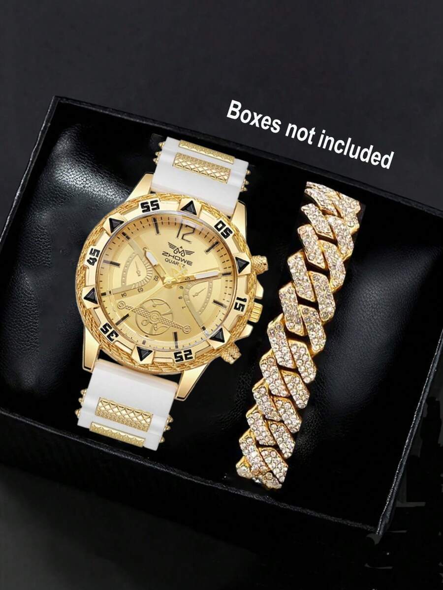 腕時計 メンズ セット 2点セット メンズカジュアル - クォーツ腕時計(クリアゴールデンダイヤル、ソフトシリコンストラップ) +拍卖