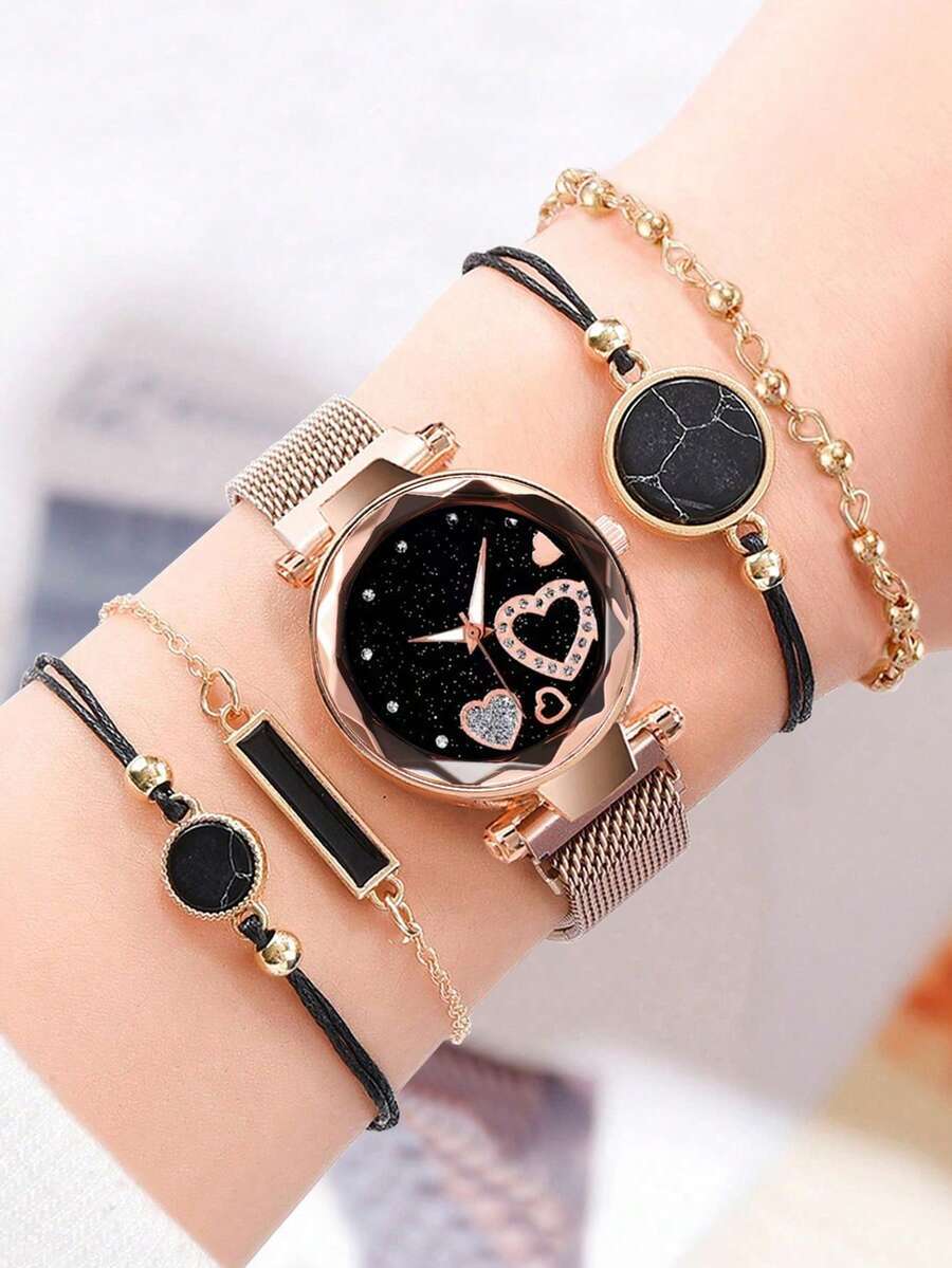 腕時計 レディース セット ファッション スターリースカイ レディース クォーツ腕時計セット 5個入り、シンプルな磁気メッシュベル拍卖