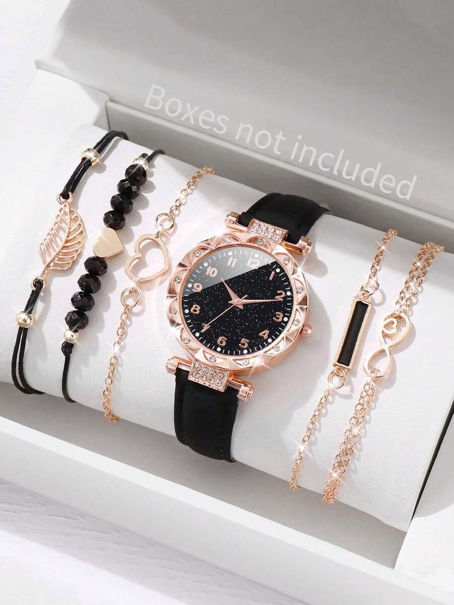 腕時計 レディース セット レザーストラップ付き女性用腕時計6個セット、ファッションのラインストーン装飾星空ダイヤル クラシックエ拍卖