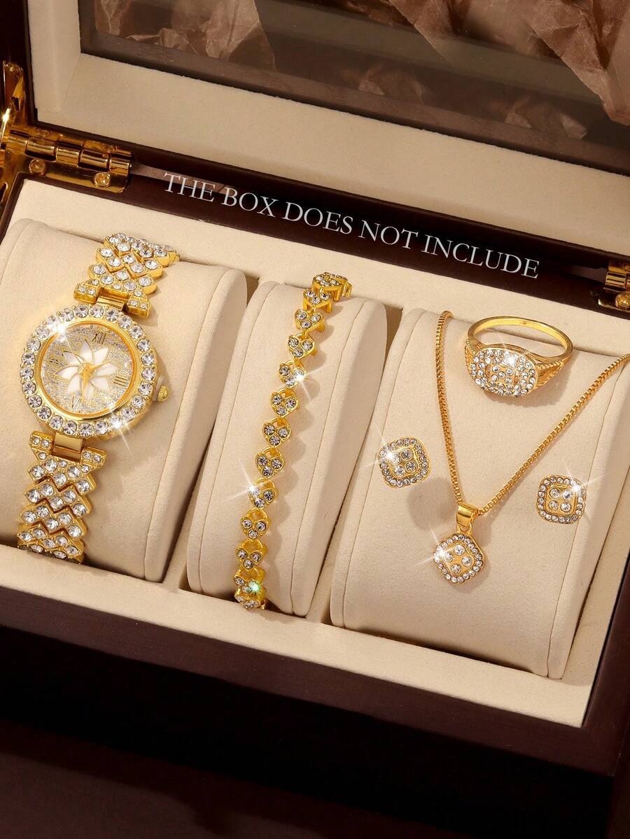 腕時計 レディース セット 6個セット 女性用クォーツ腕時計 ブレスレット、ネックレス、リング、ピアスジュエリーセット、丸型ダイヤ拍卖