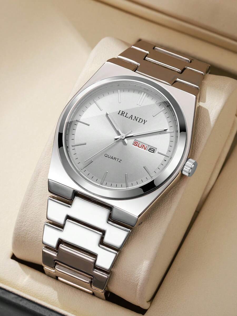 腕時計 メンズ クォーツ 1個 クラシックファッション 刻印ダイヤル カレンダー ステンレスバンド クォーツ腕時計、スタイリッシュ拍卖