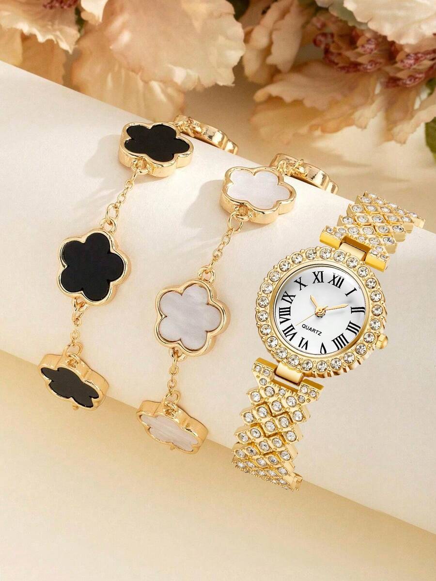 腕時計 レディース セット 3個セット、レディース腕時計、シンプルでラグジュアリーなローマ数字スケール ダイヤモンド インレイ ク拍卖