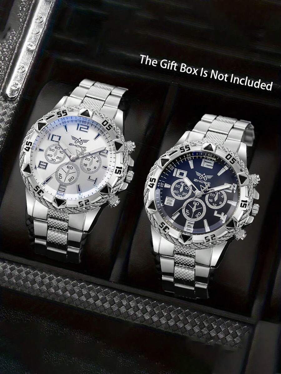 腕時計 メンズ クォーツ メンズプレミアムステンレススチール腕時計セット2個 - 1個は磨き仕上げのシルバーケース&クリスプホワイ拍卖