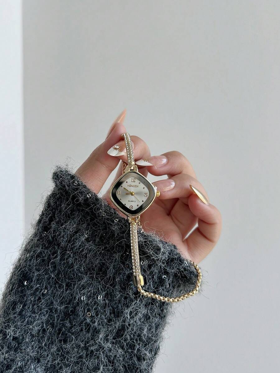 腕時計 レディース クォーツ 1個 ファッションラブレディース腕時計、ポリゴン ラウンドダイヤル 伸縮ストラップ ラインストーンリ拍卖