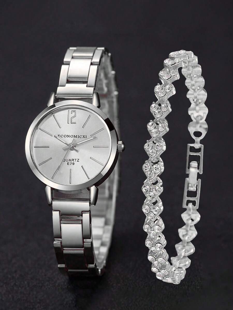腕時計 レディース セット ファッショナブルでミニマリストな女性用デジタルディスククォーツ腕時計とジュエリーブレスレットセット2個拍卖