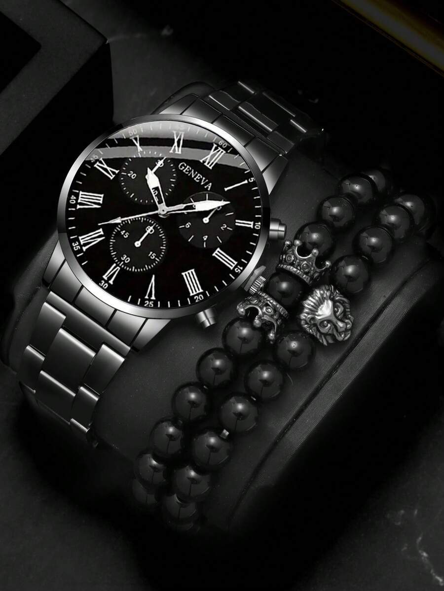 腕時計 メンズ セット 3個セット ファッション 多機能 メンズクォーツ腕時計、ラウンドダイヤル、合金バー、クラウンビーズブレスレ拍卖