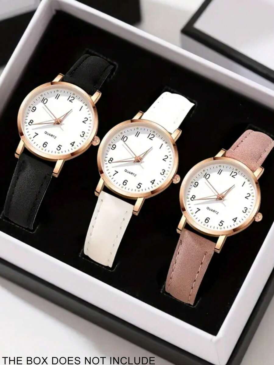腕時計 レディース セット 3個 シンプルデザイン レディース クォーツ 腕時計、クラシックな丸型文字盤に黒、白、ピンクのレザーベ拍卖