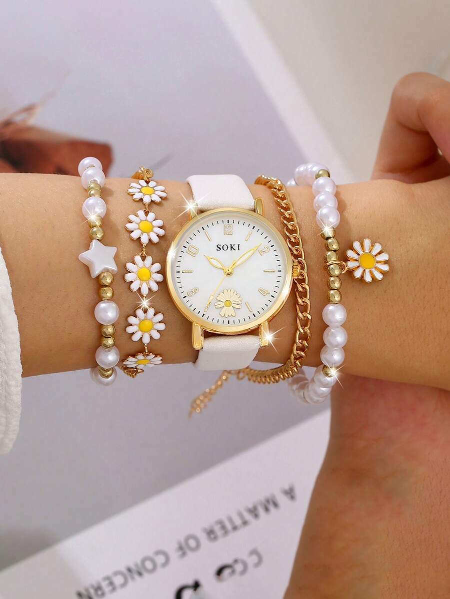 腕時計 レディース セット 1セット レディース腕時計 PUレザーストラップ フラワーディテール 丸型ポインター クォーツ腕時計拍卖