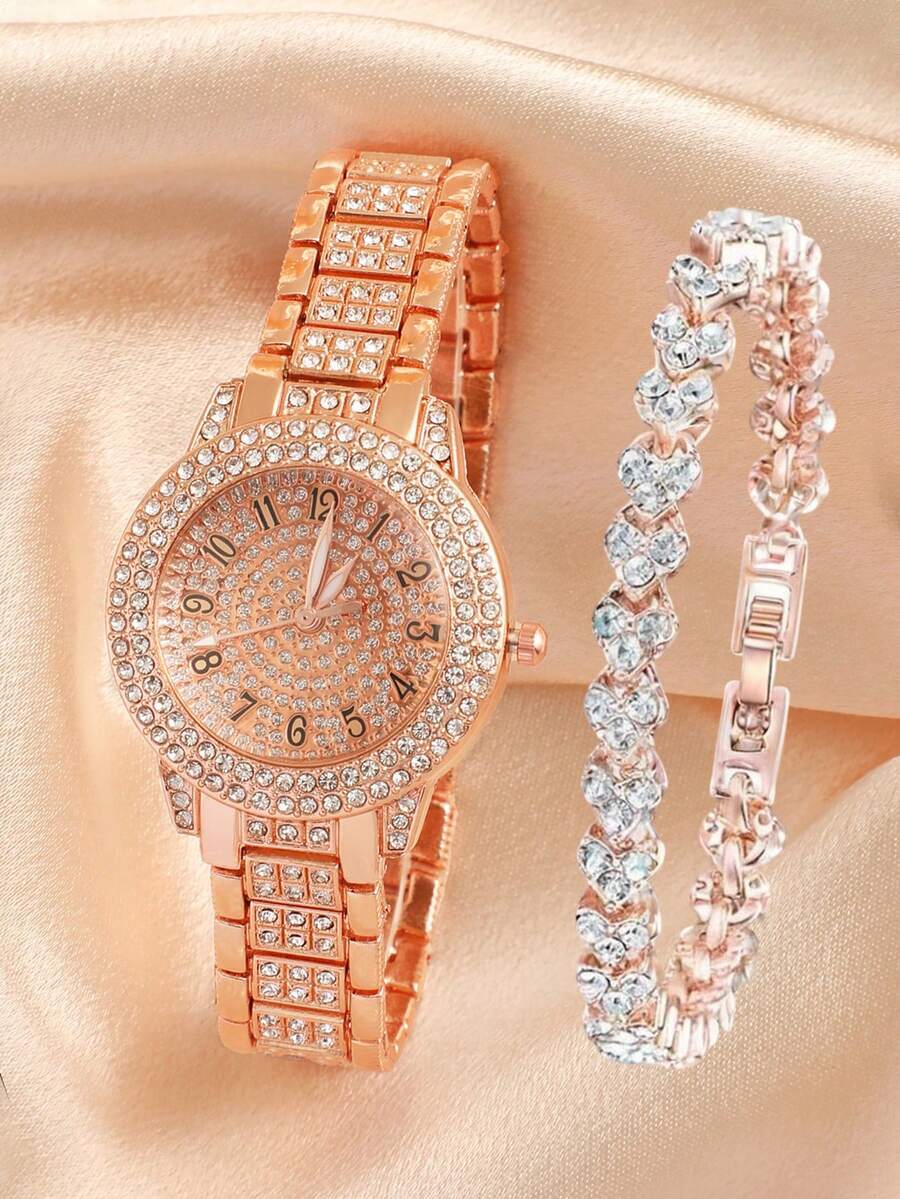 腕時計 レディース セット 1個 レディース ローズゴールド ステンレススチールバンド グラマラス ラインストーンデコレーション拍卖