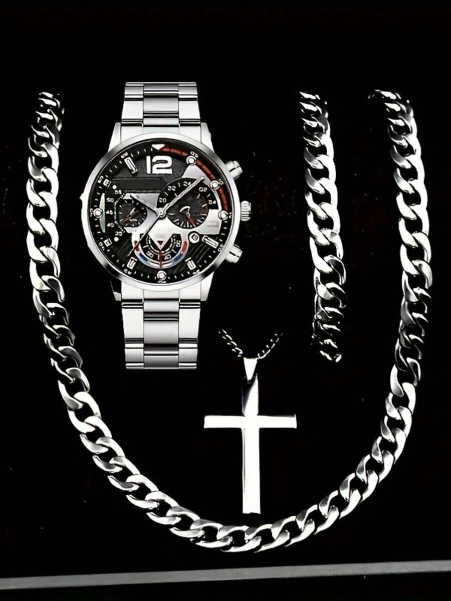 腕時計 メンズ セット 4個セット メンズビジネススタイル 鋼製バンド腕時計 + 多用途スタイリッシュネックレス&ブレスレットセッ拍卖