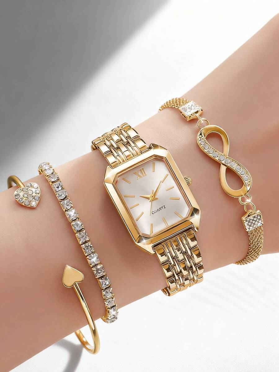 腕時計 レディース セット 女性用腕時計 4個セット、エレガントな正方形のローマ数字ダイヤル、ステンレススチールバンド、腕時計ブレ拍卖