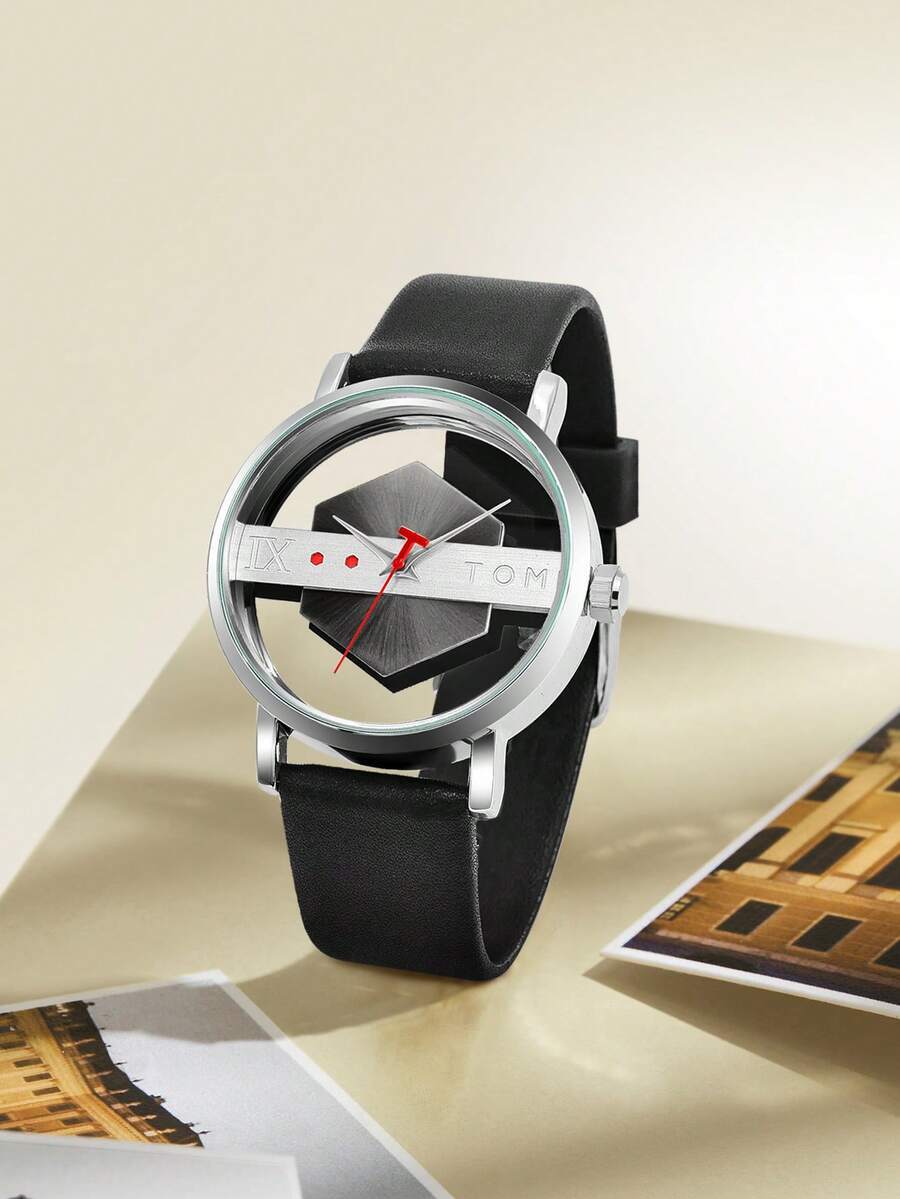 腕時計 メンズ クォーツ 1個 クォーツ腕時計ボックス入り、ファッション ミニマリスト パーソナライズ ホロー 透明ガラスバック拍卖