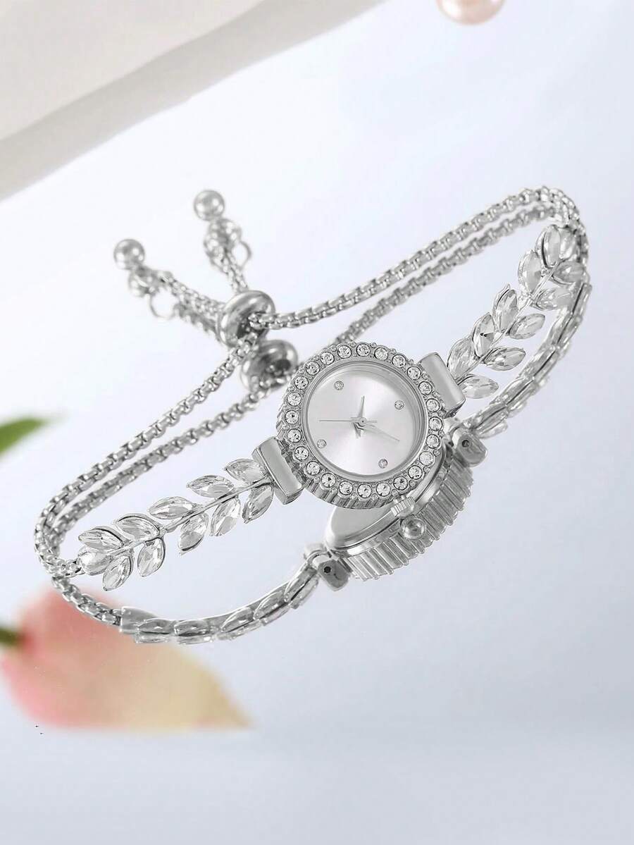 腕時計 レディース クォーツ 1個 レディース腕時計、高級ファッション エレガントなグリーンリーフ 細いストラップ ラインストーン拍卖