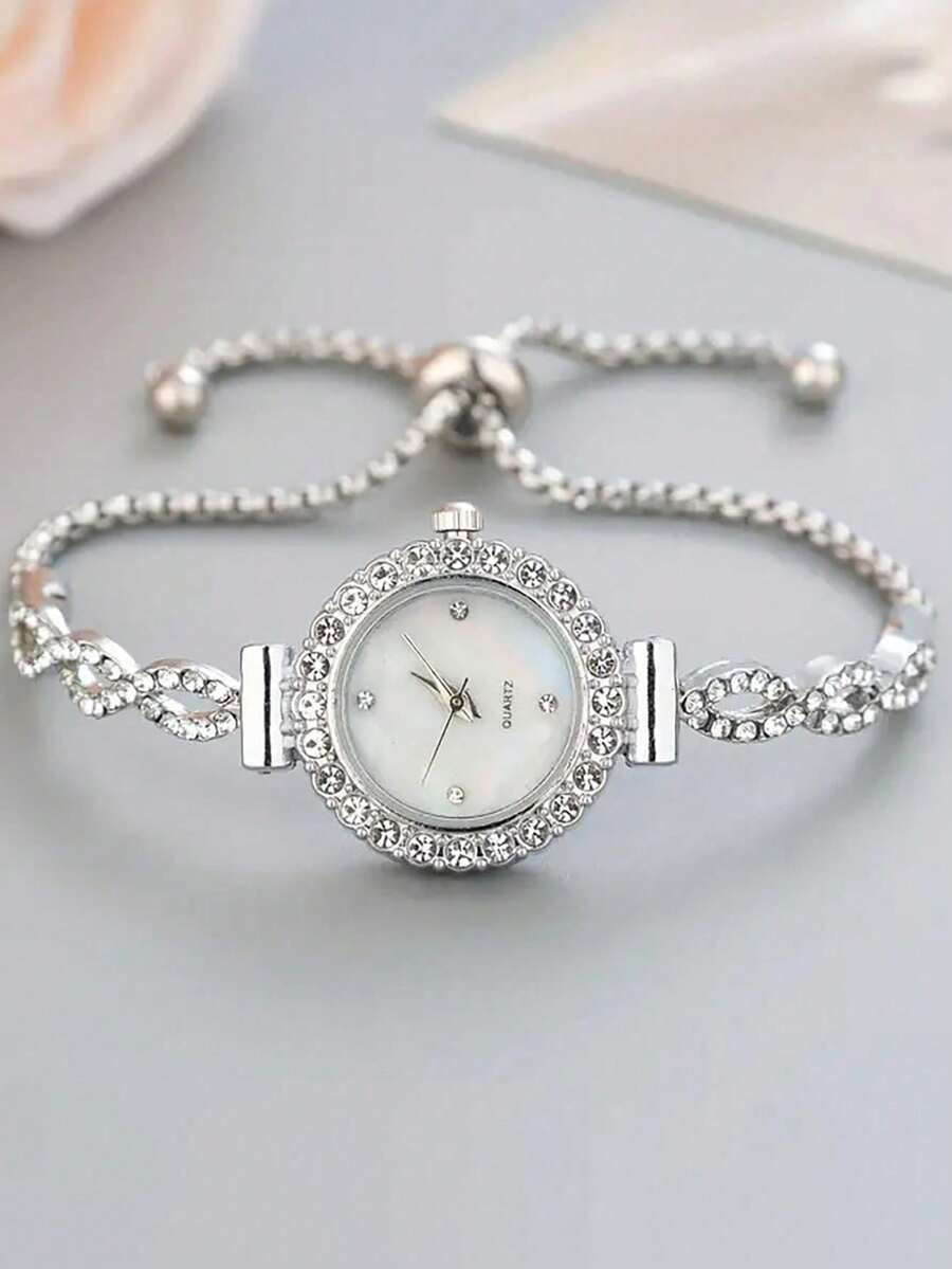 腕時計 レディース クォーツ 1個 ファッショナブルな女性用腕時計、豪華なラウンド型の時計頭部にダイヤモンドが埋め込まれた、ダイヤ拍卖