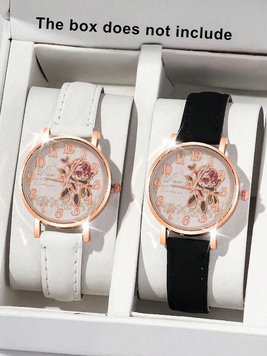 腕時計 レディース セット 2個 シンプルでカジュアルな女性用クォーツ腕時計、ヴィンテージフローラル柄の女性用腕時計、繊細なバラ柄拍卖