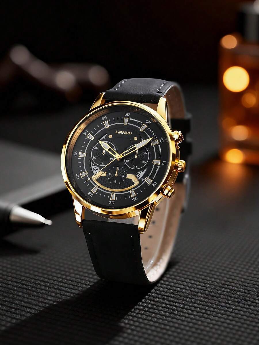 腕時計 メンズ クォーツ 1個 メンズ ファッショナブル ラウンドダイヤル クォーツ 腕時計 ブラックPUストラップ カレンダー機拍卖